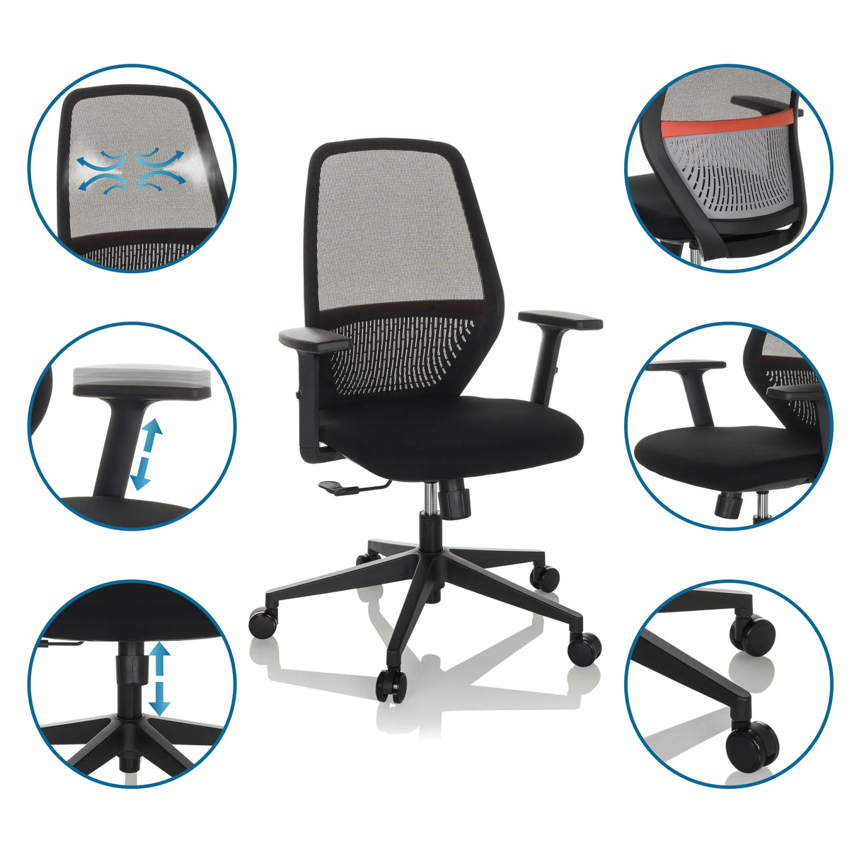 Profi-Bürostuhl CARLOW I in Schwarz mit Mesh-Rückenlehne, verstellbaren Armlehnen und Rollen von hjh OFFICE