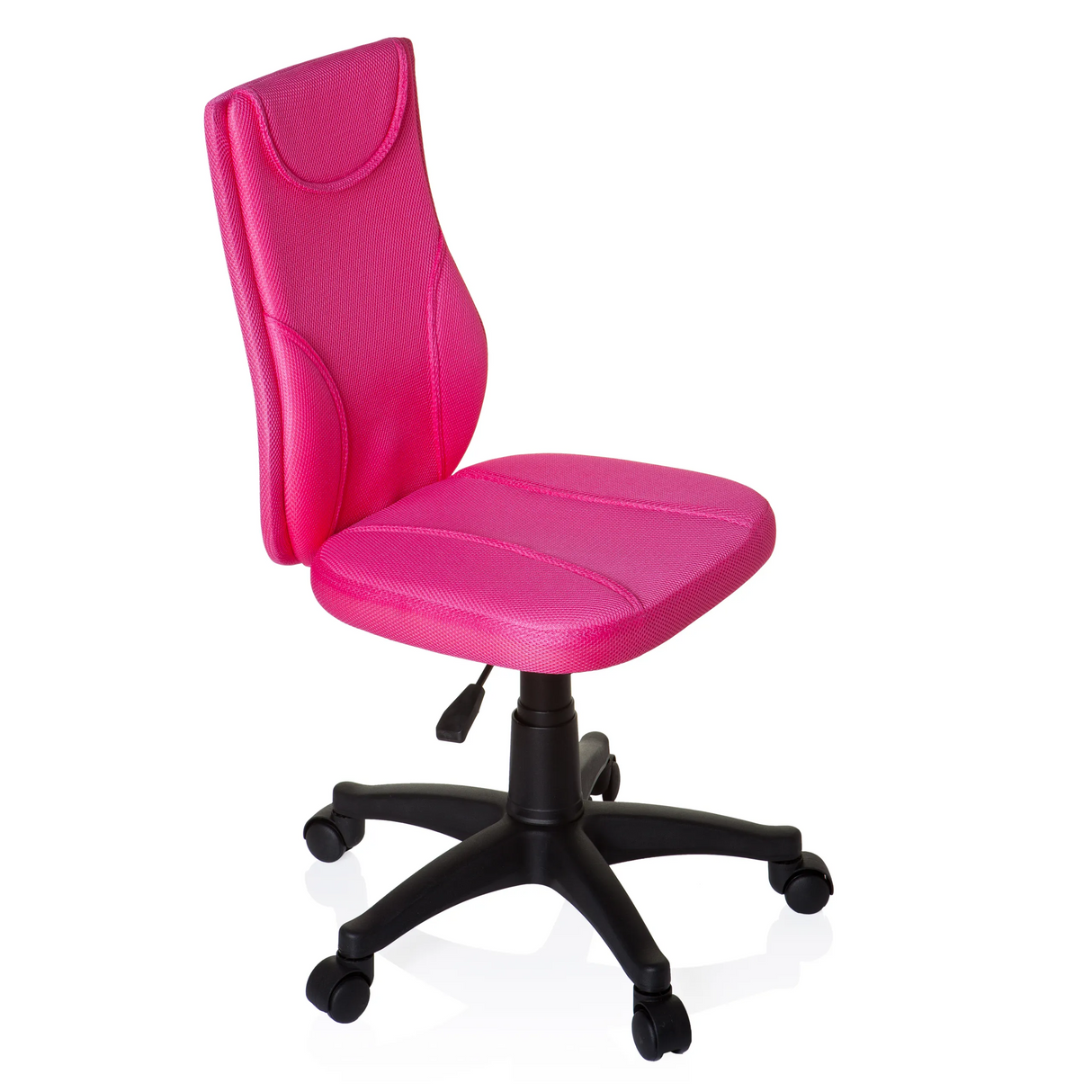 Pinker Kinderdrehstuhl KIDDY BASE mit Netzrücken und schwarzem Fußkreuz mit fünf Rollen von hjh OFFICE – 360-Grad-Ansicht (schräge Frontansicht 60°)