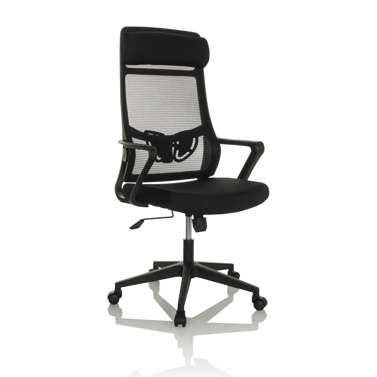 Schwarzer Homeoffice-Bürostuhl NEKEO mit Netzrücken und Fußkreuz mit fünf Rollen von hjh OFFICE – 360-Grad-Ansicht (schräge Frontansicht 30°)