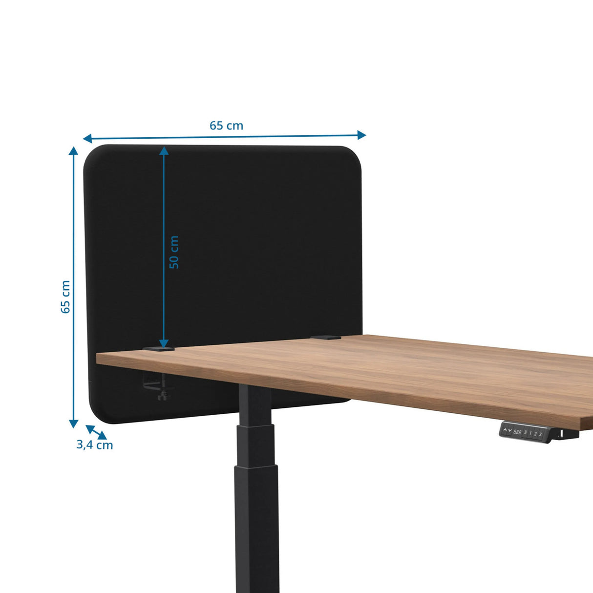 Maßzeichnung der Tischtrennwand Tystiq mit 65 × 65 cm von Ergostock