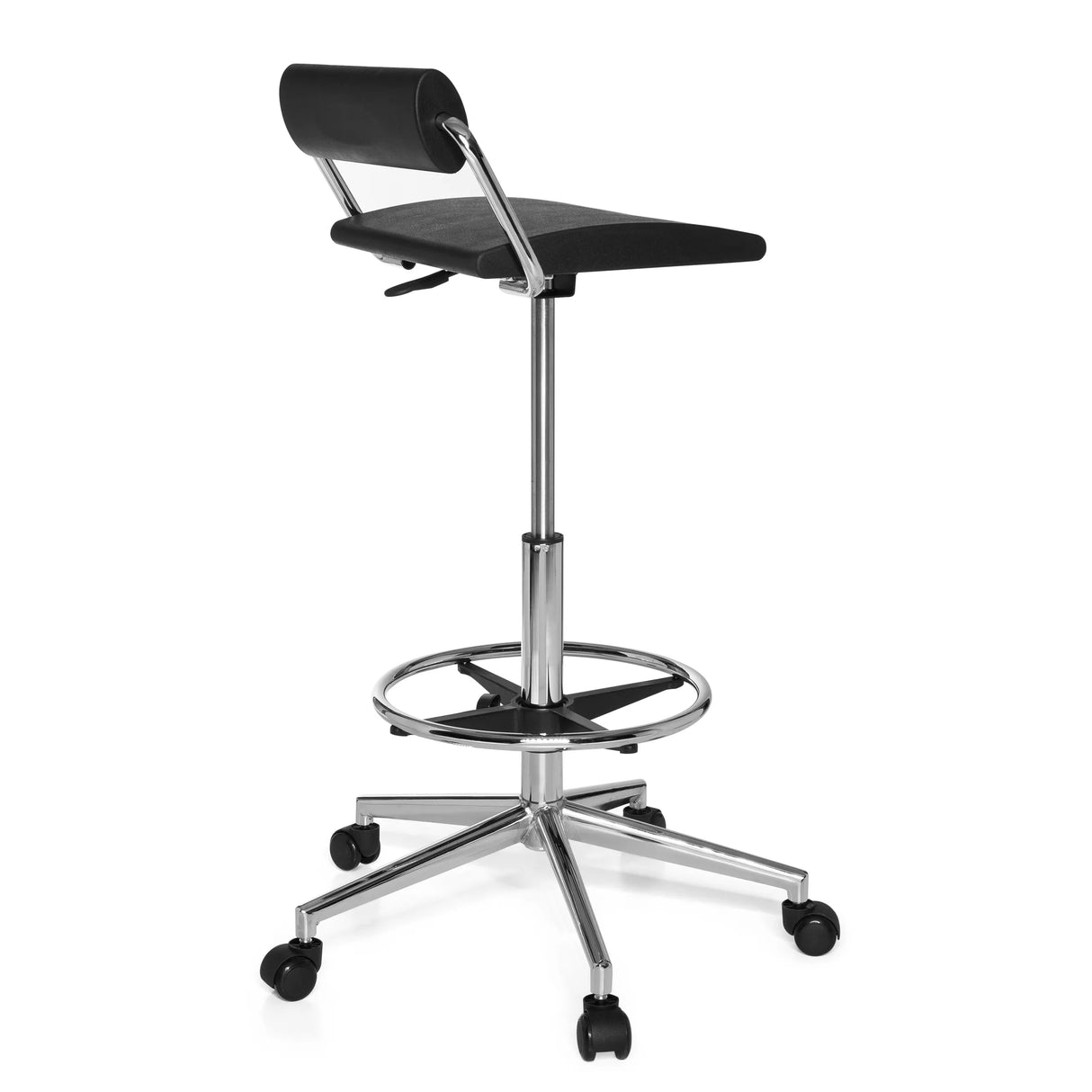 Schwarzer Drehhocker TOP WORK 28 mit Fußring und Fußkreuz mit fünf Rollen von hjh OFFICE – 360-Grad-Ansicht (schräge Rückenansicht 120°)