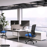 Homeoffice-Bürostuhl Sedito in Schwarz-Blau an einem weißen Schreibtisch von hjh OFFICE (KI-generiertes Bild)