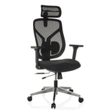 Schwarzer High-End-Bürostuhl CASSILIS B mit Netzrücken und Fußkreuz mit fünf Rollen von hjh OFFICE – 360-Grad-Ansicht (schräge Frontansicht 30°)