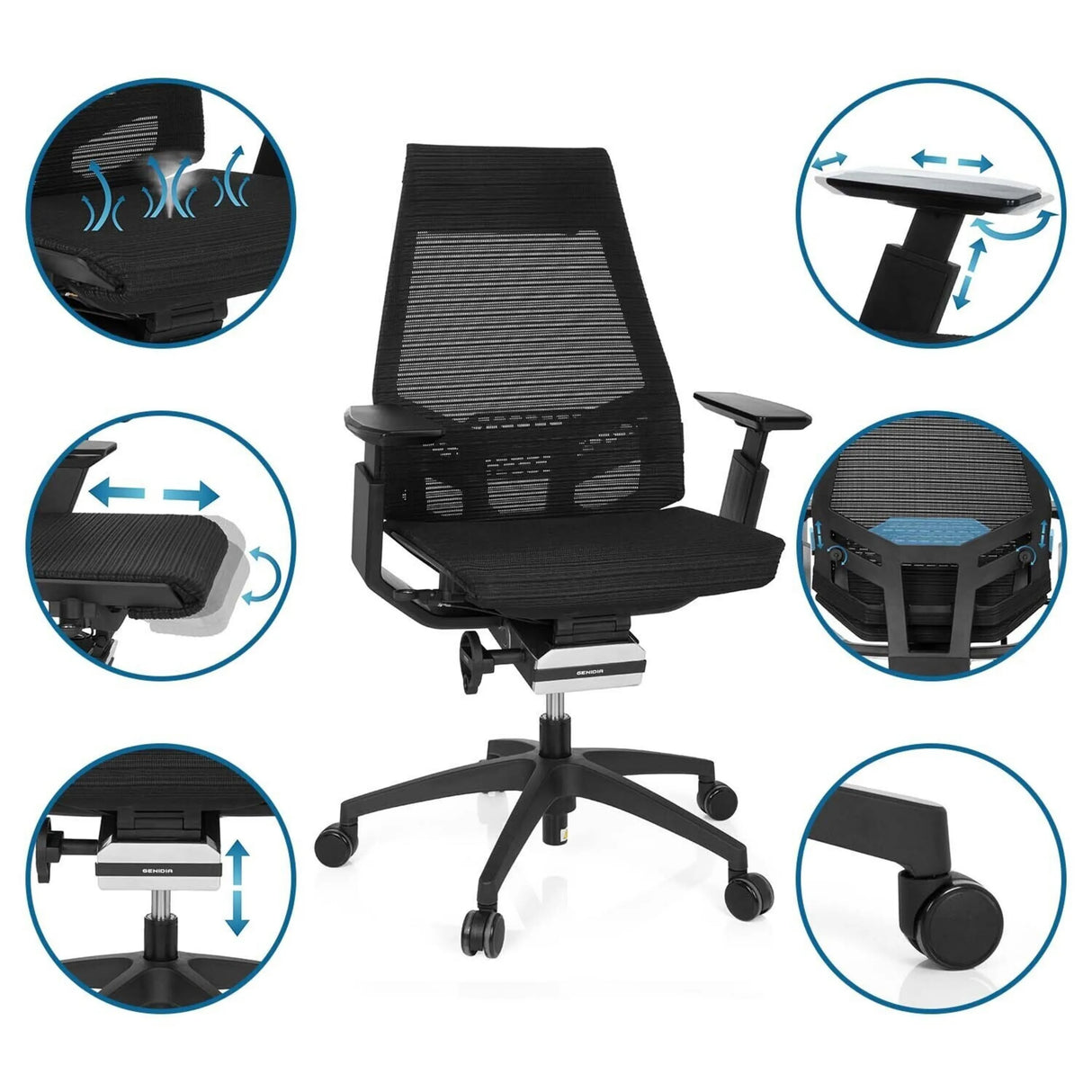 Schwarzer Profi-Bürostuhl GENIDIA SMART BLACK mit Netzrücken, verstellbaren Armlehnen und Rollen von hjh OFFICE