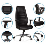 Profi-Chefsessel VITORO in Schwarz mit Detailansichten der Armlehnen, Sitzhöhe und Rollen von hjh OFFICE