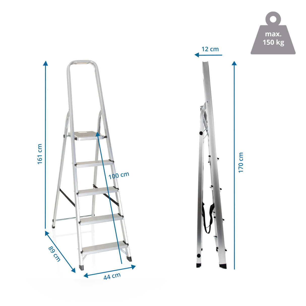 Maßzeichnung der Klappleiter SOLID III mit einer Höhe von 170 cm und 150 kg Traglast von hjh OFFICE