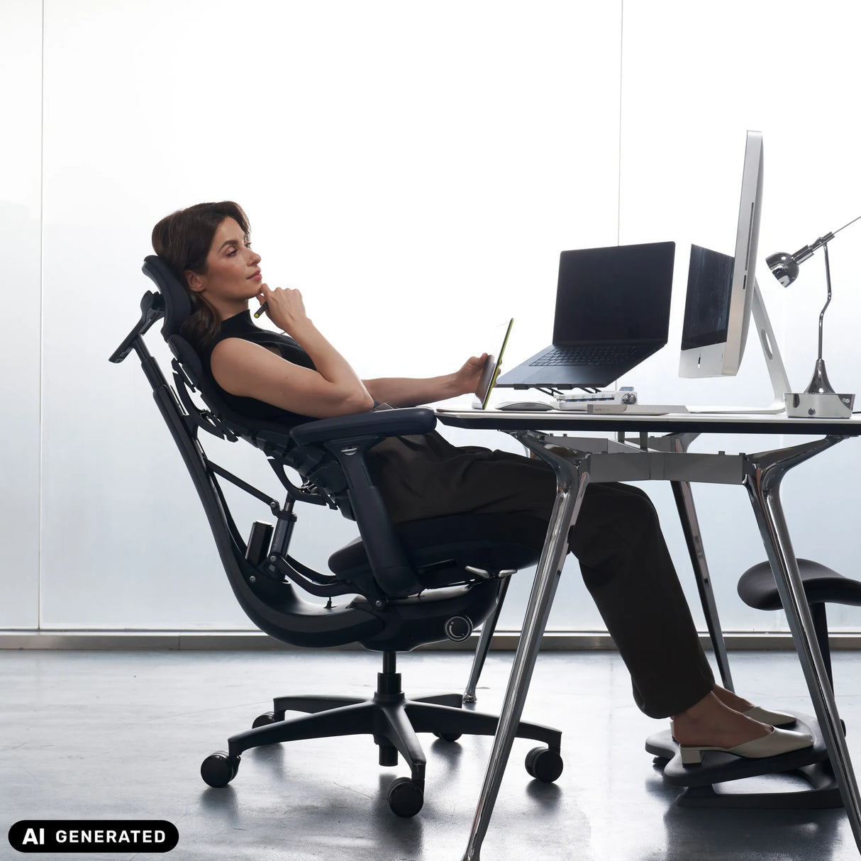 High-End-Bürostuhl LiberNovo Omni in Schwarz mit Fußstütze an einem Schreibtisch von Libernovo (KI-generiertes Bild)