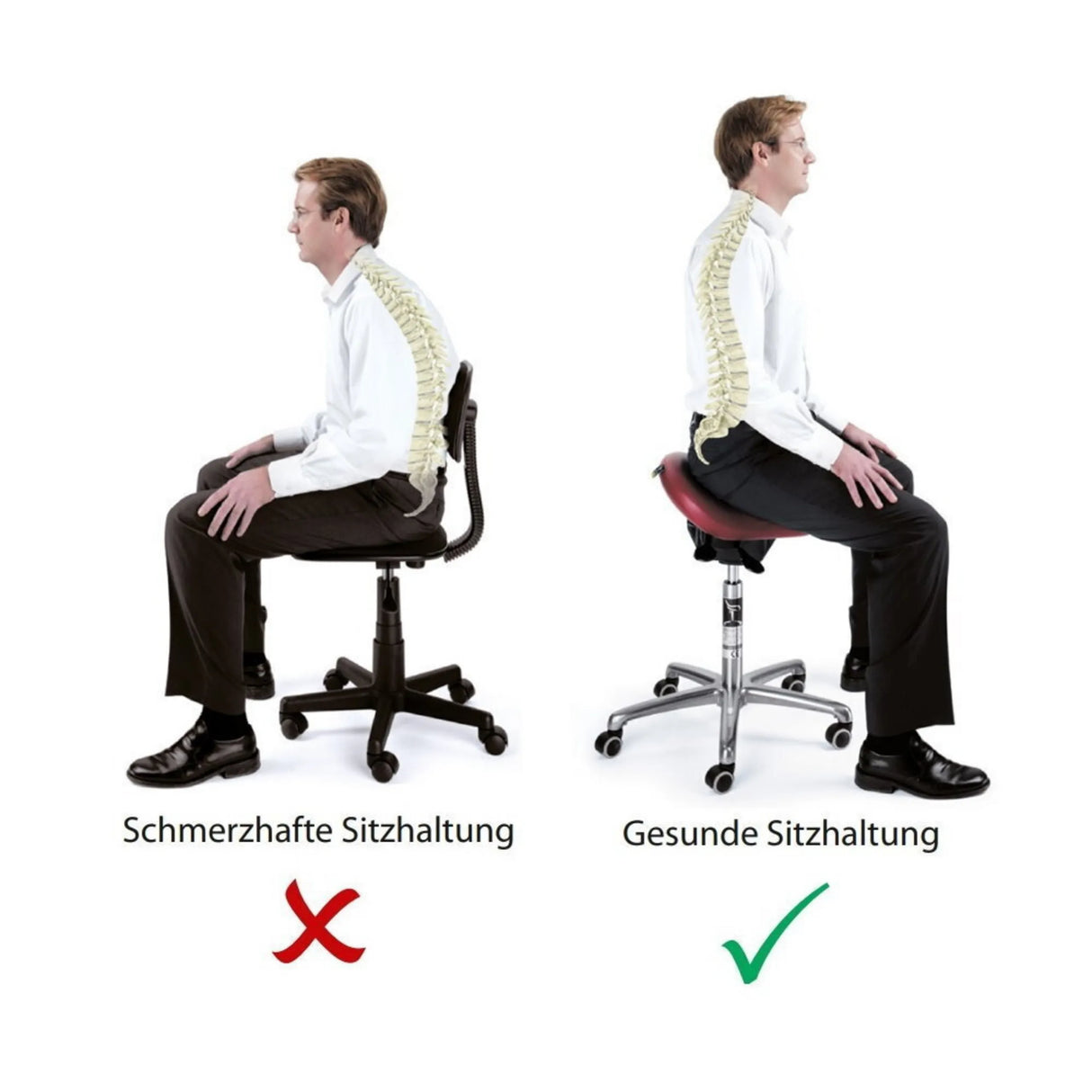 Vergleich einer schmerzhaften und einer gesunden Sitzhaltung auf dem Sattelhocker BAMBACH CUTAWAY von Hager & Werken