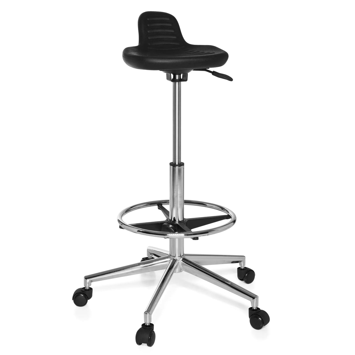 Schwarzer Drehhocker TOP WORK 03 mit Fußring und Fußkreuz mit fünf Rollen von hjh OFFICE – 360-Grad-Ansicht (Frontansicht 20°)
