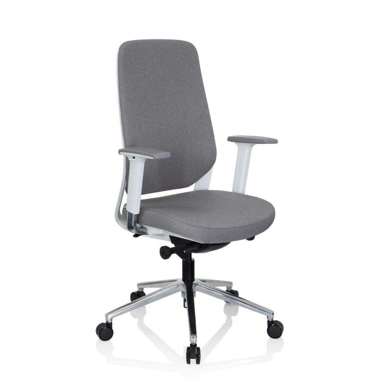Grauer Profi-Bürostuhl CHIARO T4 WHITE mit Armlehnen und einem Fußkreuz mit fünf Rollen von hjh OFFICE – 360-Grad-Ansicht (schräge Frontansicht 40°)