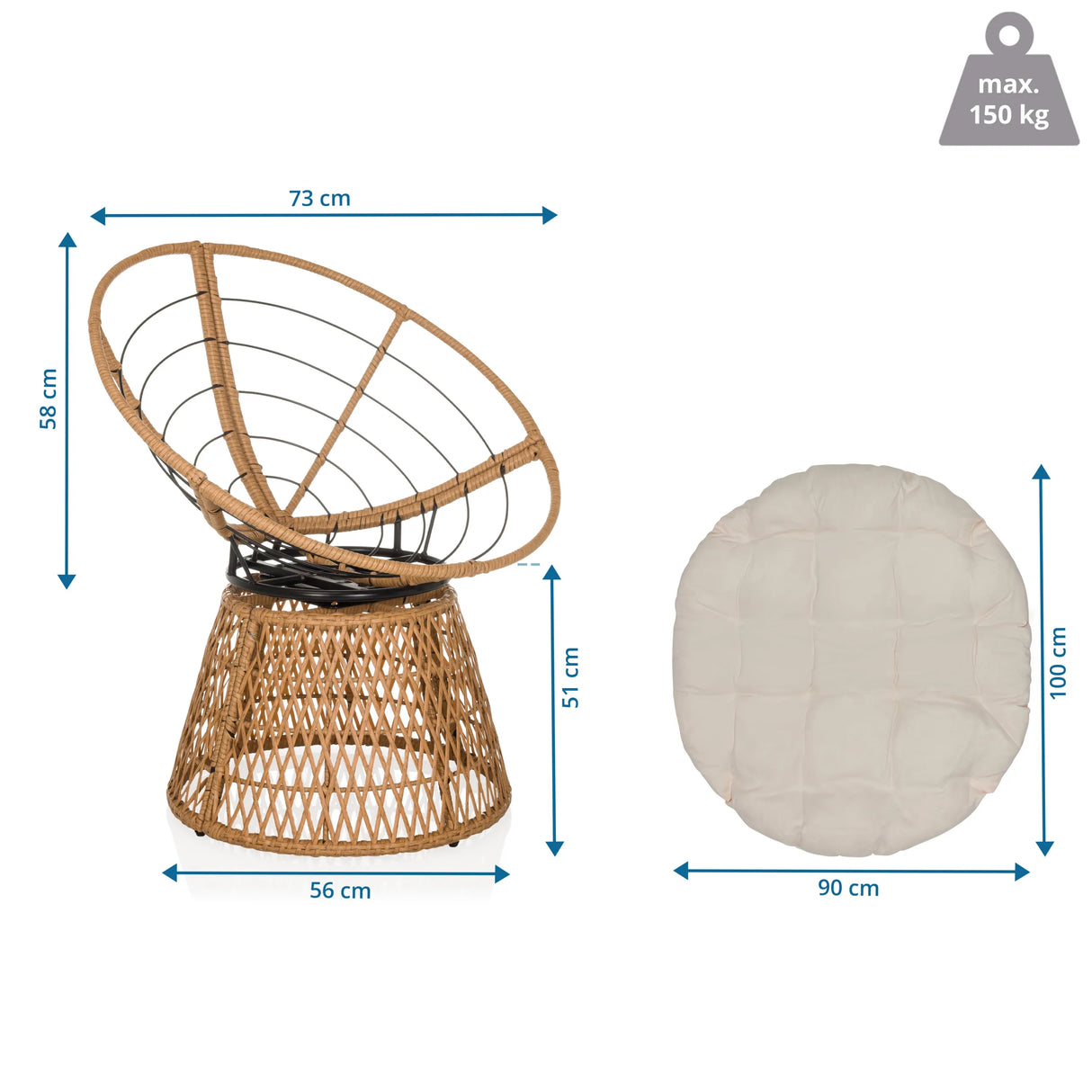 Maßzeichnung des Outdoor-Stuhls WEAVORA mit 73 × 58 cm und maximal 150 kg Belastung von hjh LIVING