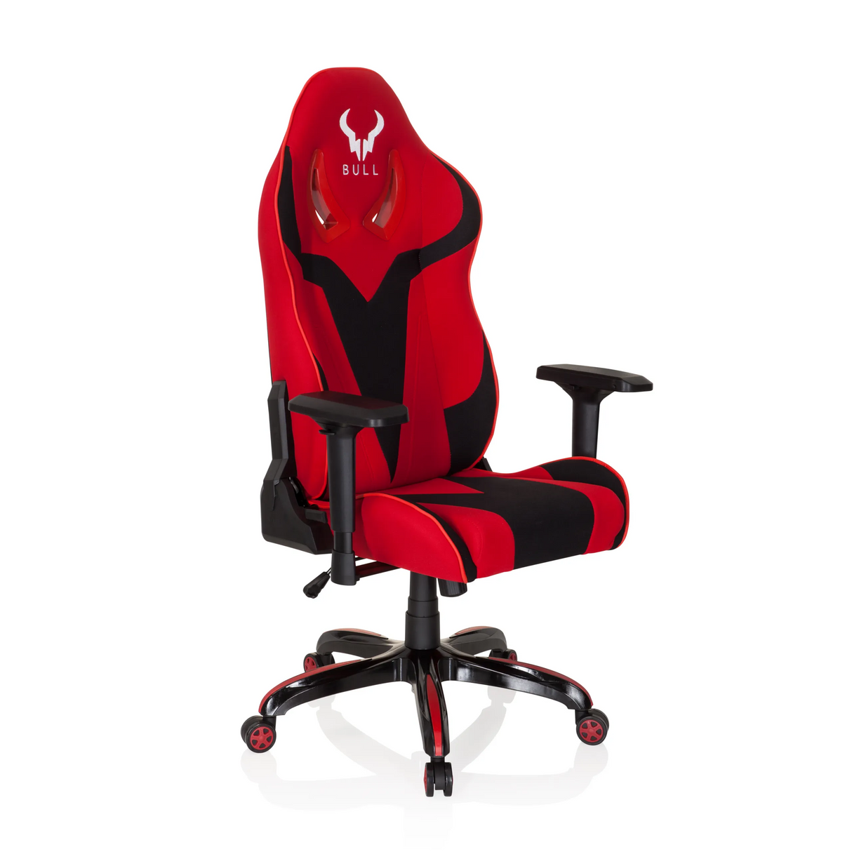 Rot-schwarzer Gamingstuhl PROMOTER II mit Armlehnen und Fußkreuz mit fünf Rollen von hjh OFFICE – 360-Grad-Ansicht (schräge Frontansicht 40°)