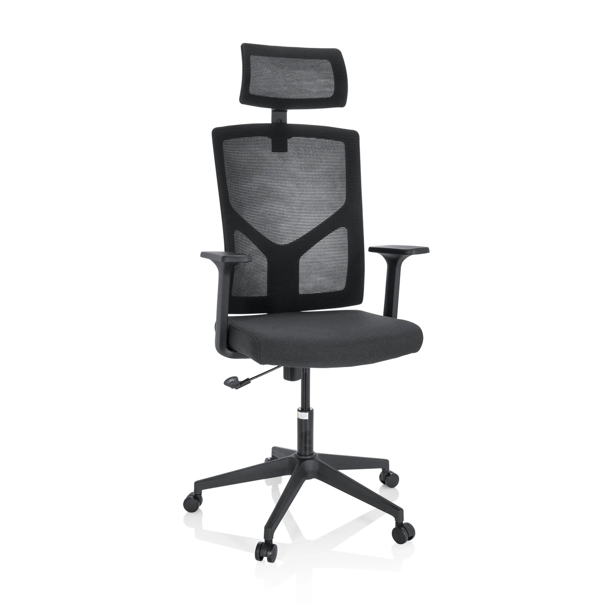 Schwarzer Homeoffice-Bürostuhl BRETON B mit Netzrücken, Kopfstütze und Fußkreuz mit fünf Rollen von hjh OFFICE – 360-Grad-Ansicht (Frontansicht 20°)