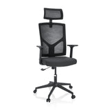 Schwarzer Homeoffice-Bürostuhl BRETON B mit Netzrücken, Kopfstütze und Fußkreuz mit fünf Rollen von hjh OFFICE – 360-Grad-Ansicht (Frontansicht 20°)