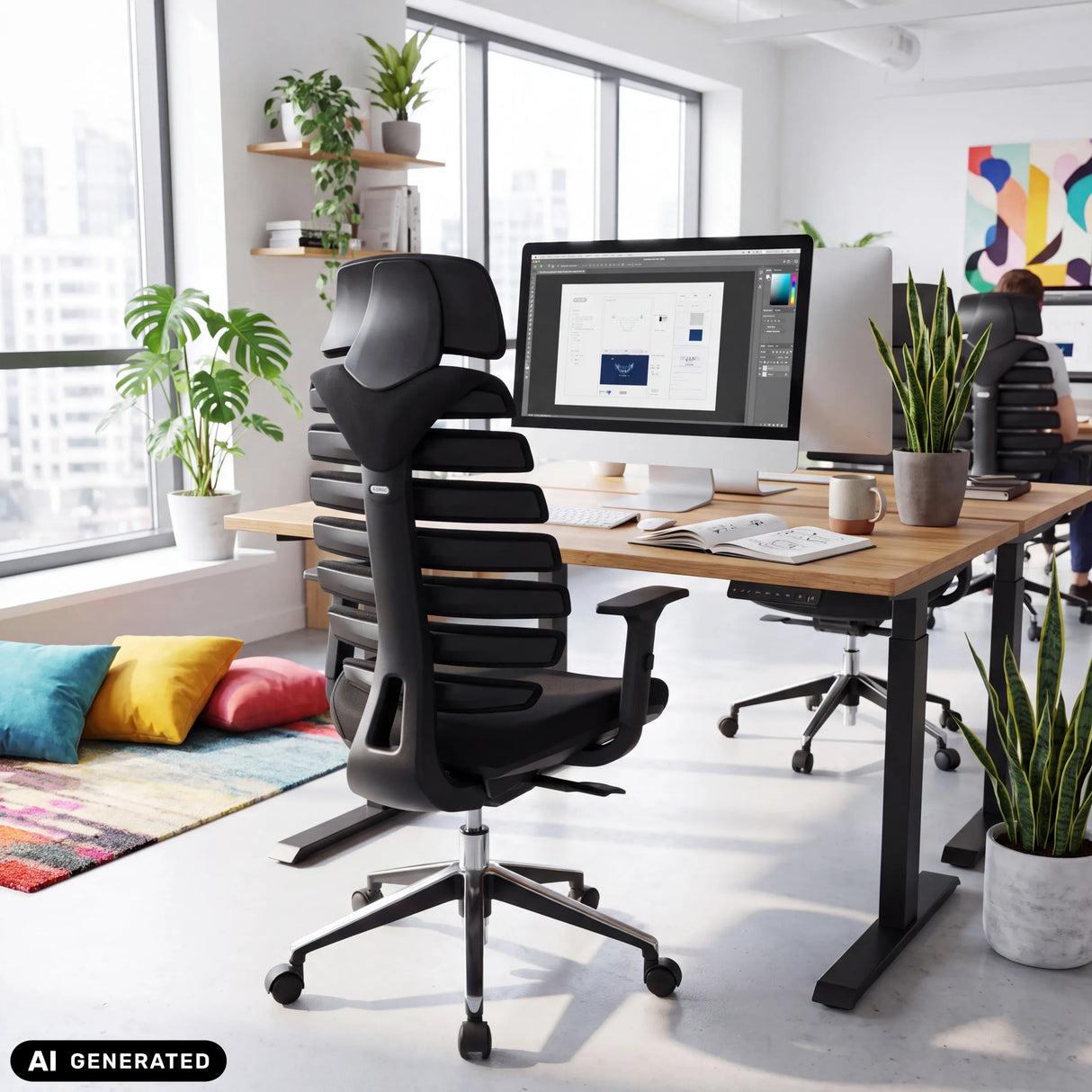 Schwarzer Profi-Bürostuhl ERGO LINE II PRO mit Netzrückenlehne im modernen Büro von hjh OFFICE (KI-generiertes Bild)