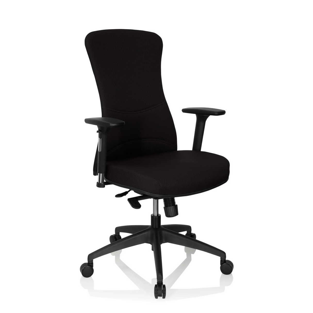 Schwarzer Profi-Bürostuhl OFFICE XT PRO mit Armlehnen und Fußkreuz mit fünf Rollen von hjh OFFICE – 360-Grad-Ansicht (schräge Frontansicht 40°)