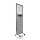 Hellgraue Trennwand FLEXMIUT WB mit integriertem Whiteboard und Rollen von hjh OFFICE – 360-Grad-Ansicht (schräge Frontansicht 45°)