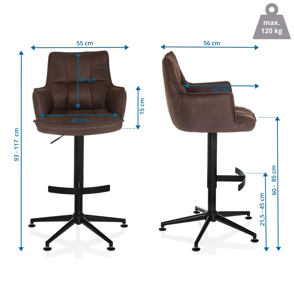Maßzeichnung des Barhockers SOLAO LIFE HIGH mit einer Gesamthöhe von 93-117 cm von hjh LIVING