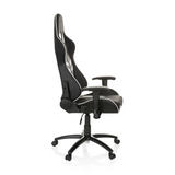 Schwarz-weißer Gamingstuhl LEAGUE PRO mit Kopfstütze und Fußkreuz mit fünf Rollen von hjh OFFICE – 360-Grad-Ansicht (Seitenprofil 80°)