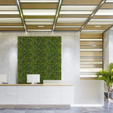 Grüne Pflanzenmatte MORE GREEN I als vertikale Begrünung an einer hellen Betonwand im Empfangsbereich von hjh OFFICE