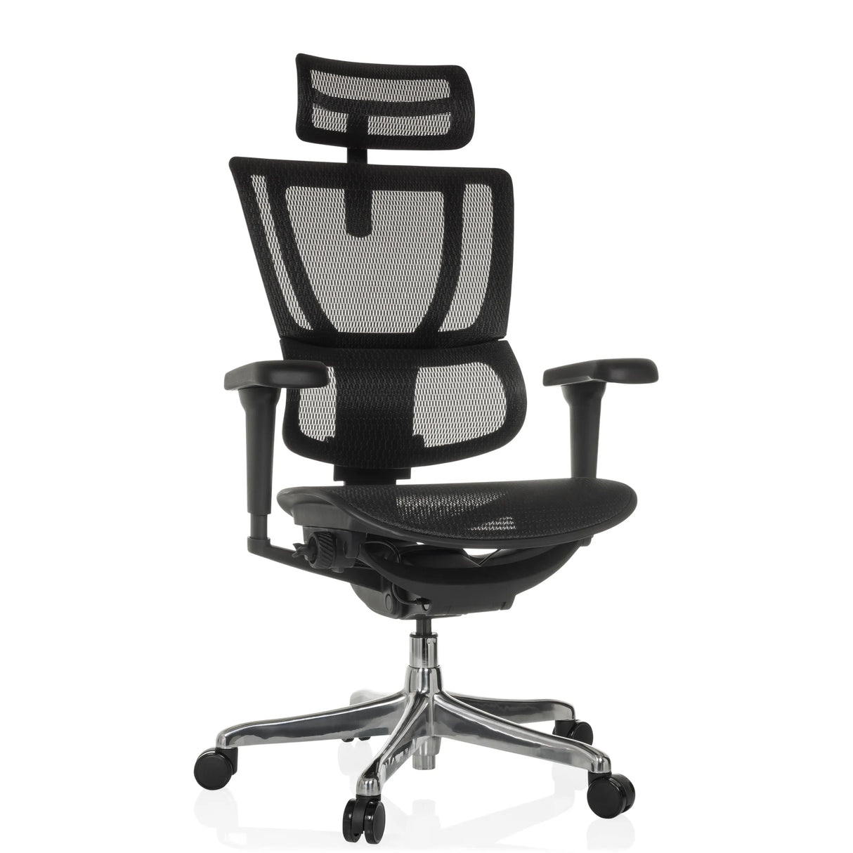Schwarzer Luxus-Chefsessel ERGOHUMAN SLIM ULTRA GEN2 mit Netzrücken und Fußkreuz mit fünf Rollen von hjh OFFICE – 360-Grad-Ansicht (Frontansicht 15°)
