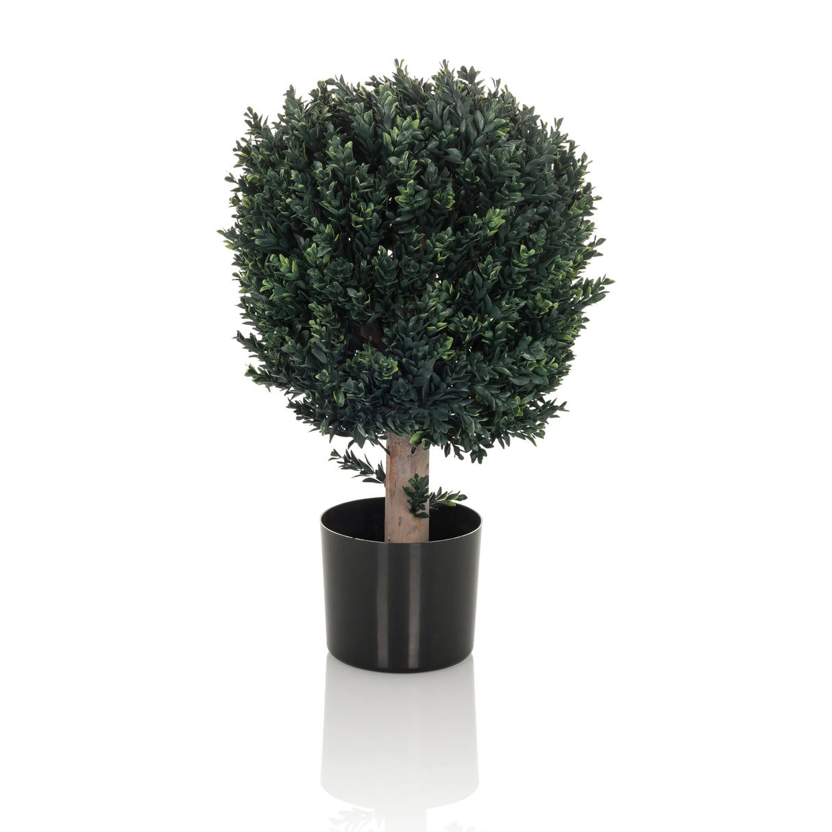 Grüne Kunstpflanze BUXUS in Form eines kugelförmigen Baums mit schwarzem Topf von hjh OFFICE – 360-Grad-Ansicht (Frontansicht 0°)