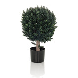 Grüne Kunstpflanze BUXUS in Form eines kugelförmigen Baums mit schwarzem Topf von hjh OFFICE – 360-Grad-Ansicht (Frontansicht 0°)