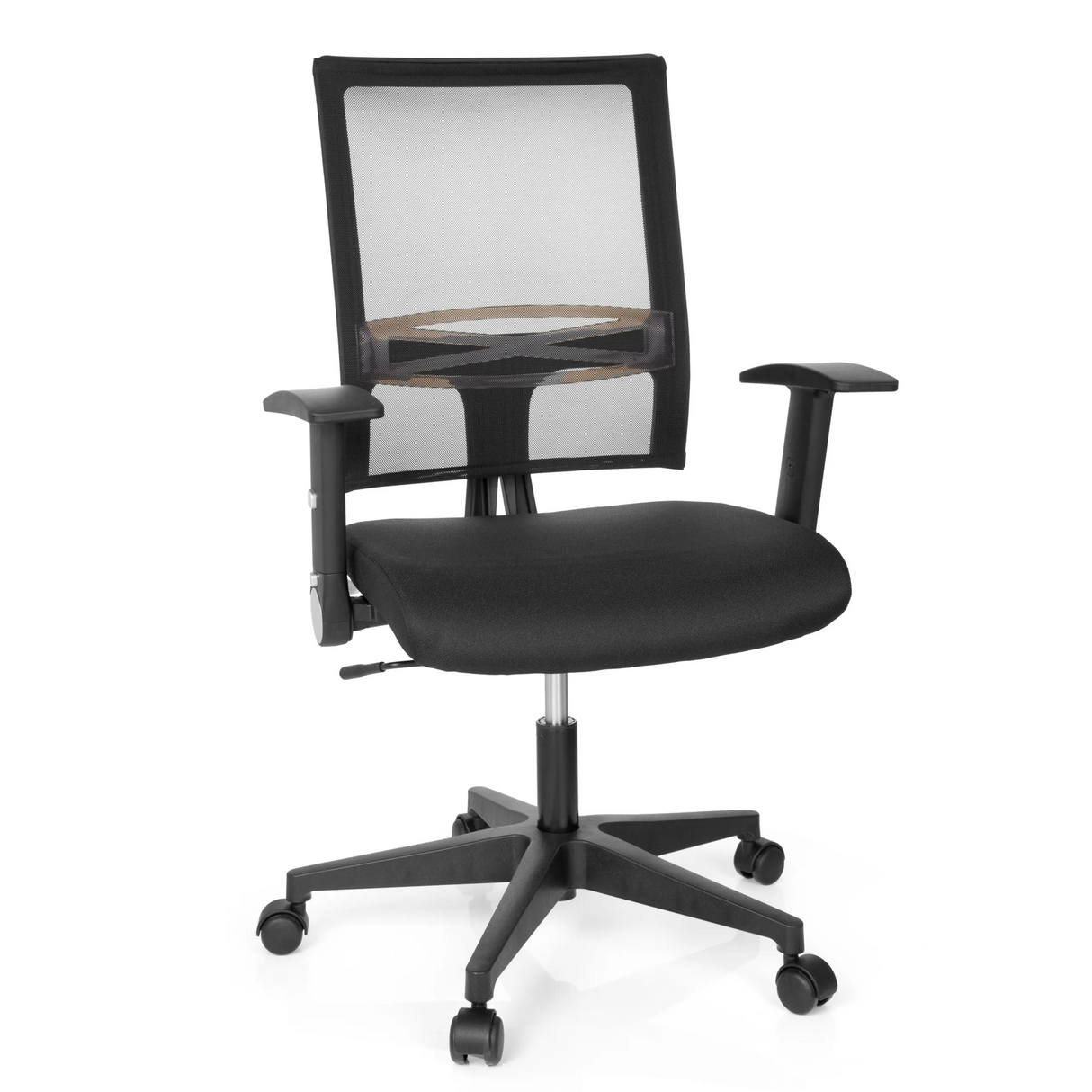 Schwarzer Homeoffice-Bürostuhl OFFICE R8 mit Netzrücken und Fußkreuz mit fünf Rollen von hjh OFFICE – 360-Grad-Ansicht (Frontansicht 20°)