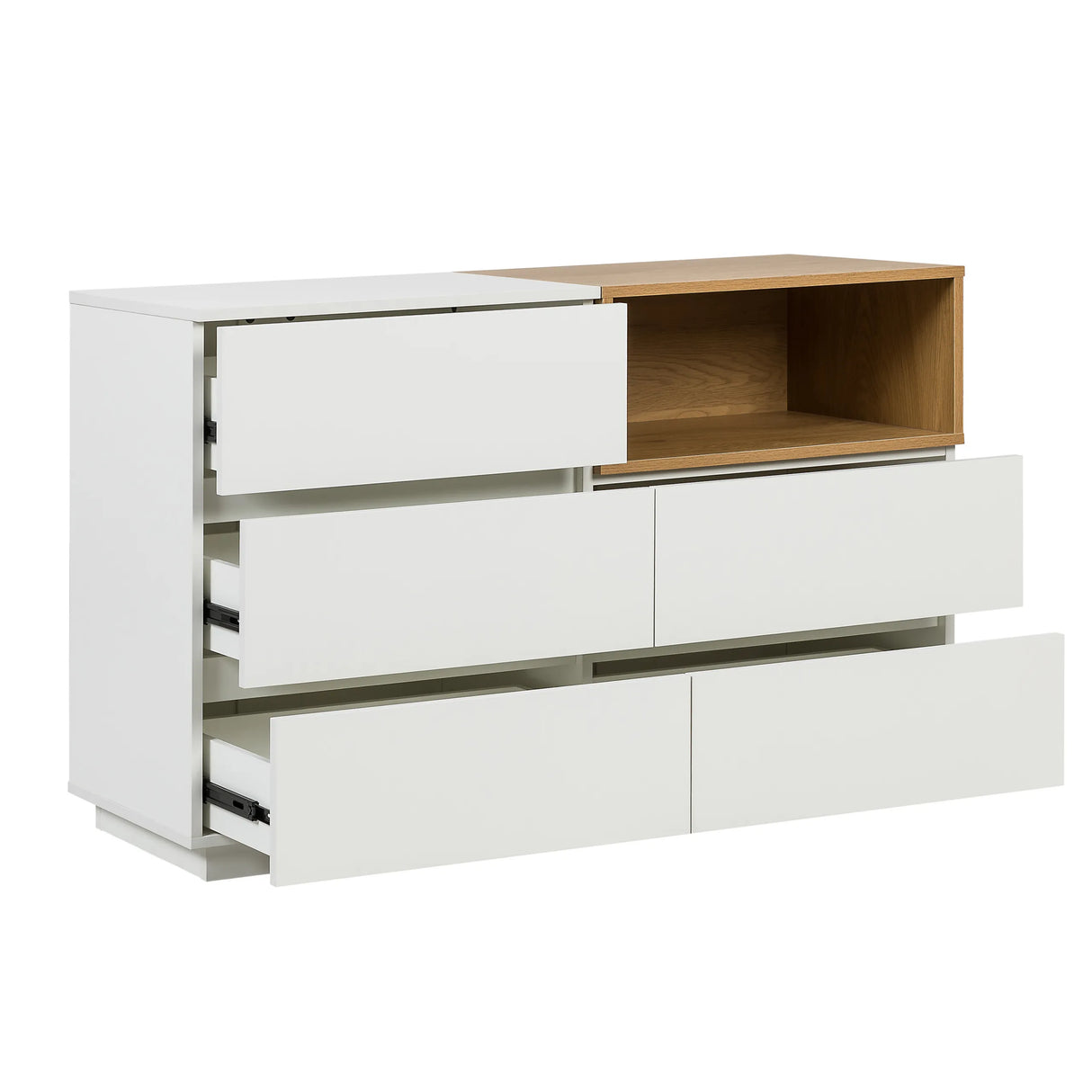 Weißes Sideboard MELMO S mit Eichenholz-Akzent und drei teilweise geöffneten Schubladen von hjh LIVING
