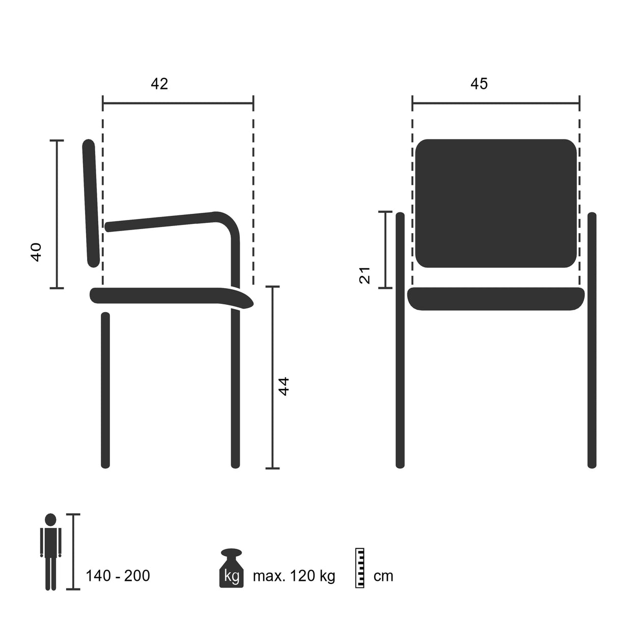 Technische Zeichnung des Vierfußstuhls XT 700 mit einer Sitzhöhe von 44 cm von hjh OFFICE
