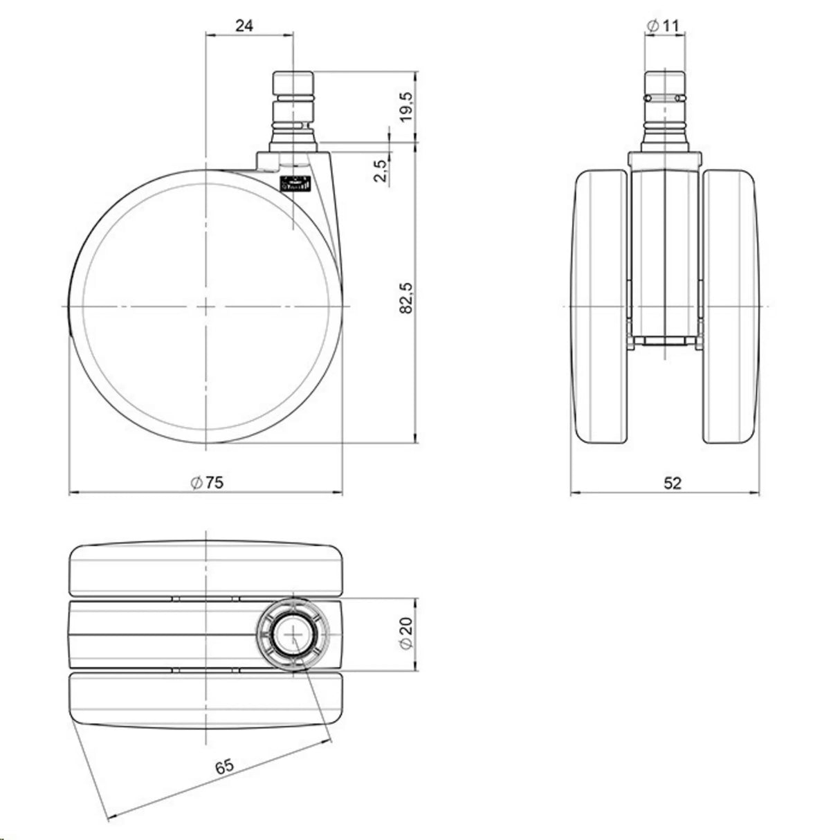 Technische Zeichnung der Stuhlrolle 5x ROLO No-Noise 11mm/75mm mit einem Durchmesser von 75 mm von hjh OFFICE