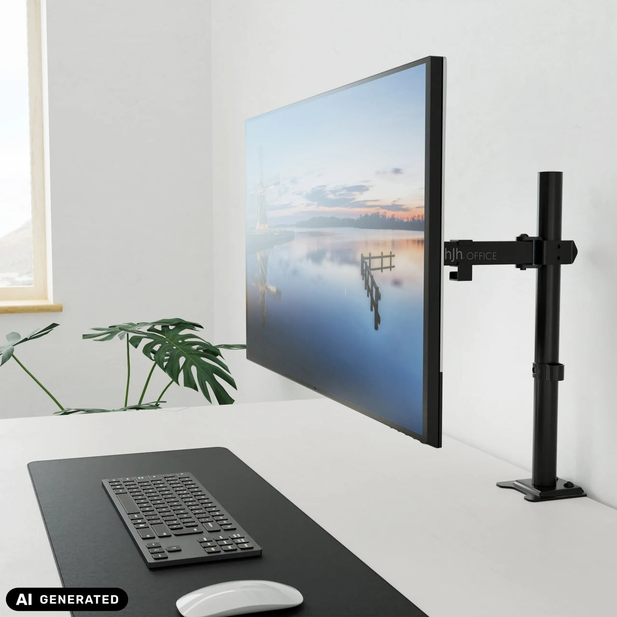 Schwarze Monitorhalterung Ergomount M1 mit befestigtem Bildschirm an einem Schreibtisch von hjh OFFICE (KI-generiertes Bild)
