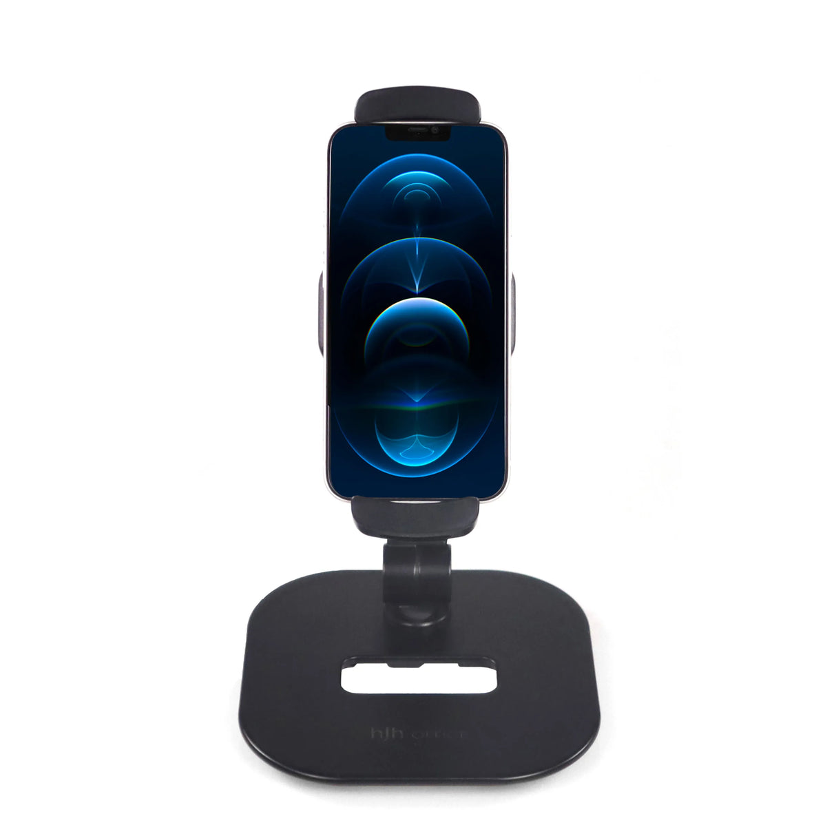 Schwarze Handy- und Tablethalterung FLEXMOBI IV mit Standfuß und Halteklemme von hjh OFFICE – 360-Grad-Ansicht (Frontansicht 0°)