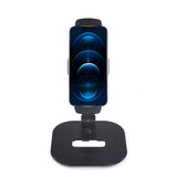 Schwarze Handy- und Tablethalterung FLEXMOBI IV mit Standfuß und Halteklemme von hjh OFFICE – 360-Grad-Ansicht (Frontansicht 0°)