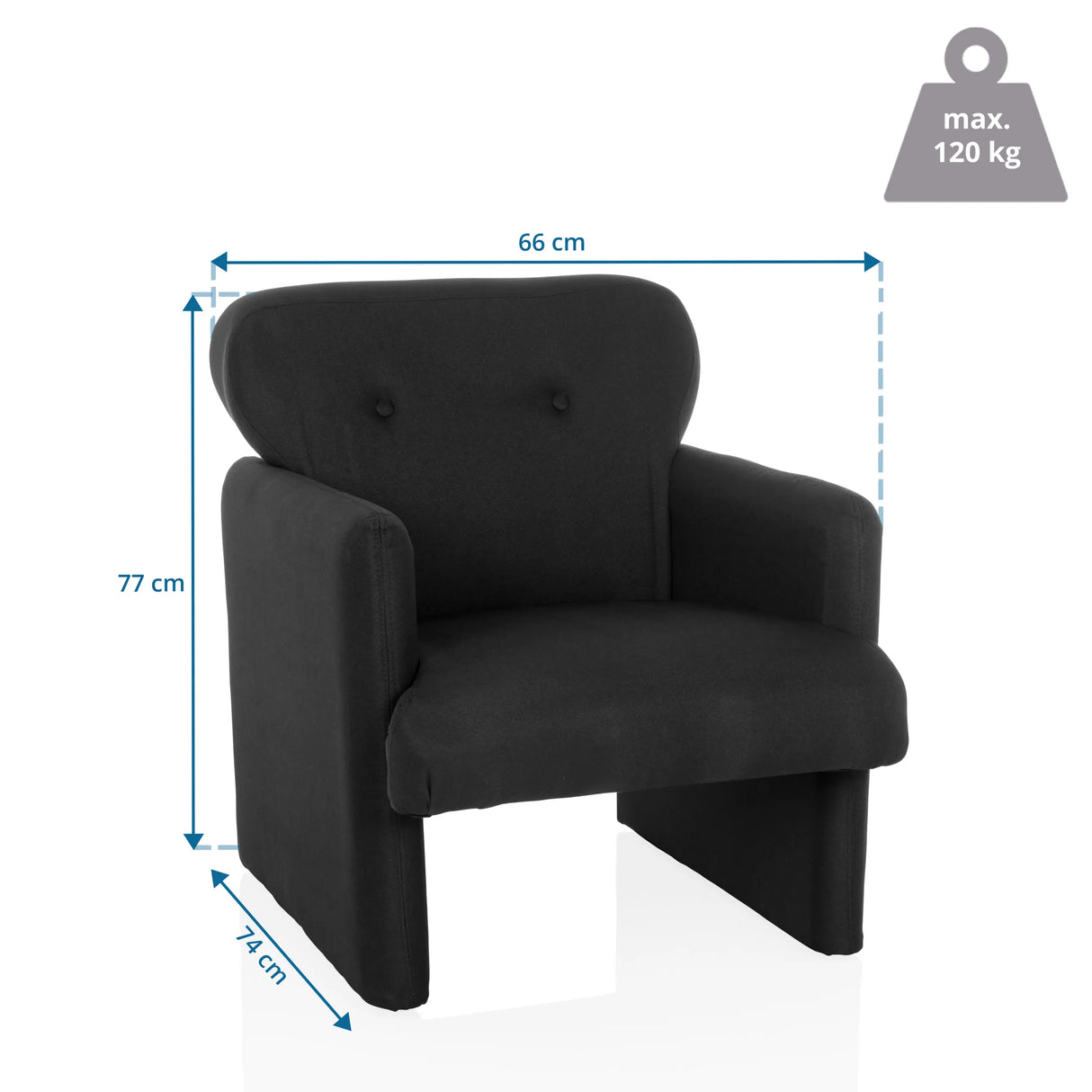 Maßzeichnung des Loungesessels CARIPITO mit 66 × 77 cm und einer maximalen Belastbarkeit von 120 kg von hjh LIVING