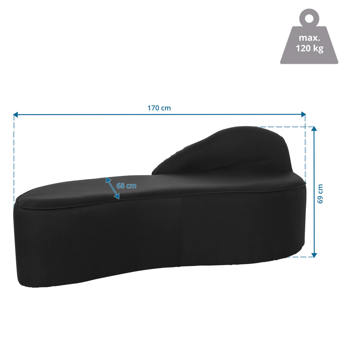 Maßzeichnung des Loungesofas BARACOA mit einer Länge von 170 cm und einer Breite von 68 cm von hjh OFFICE