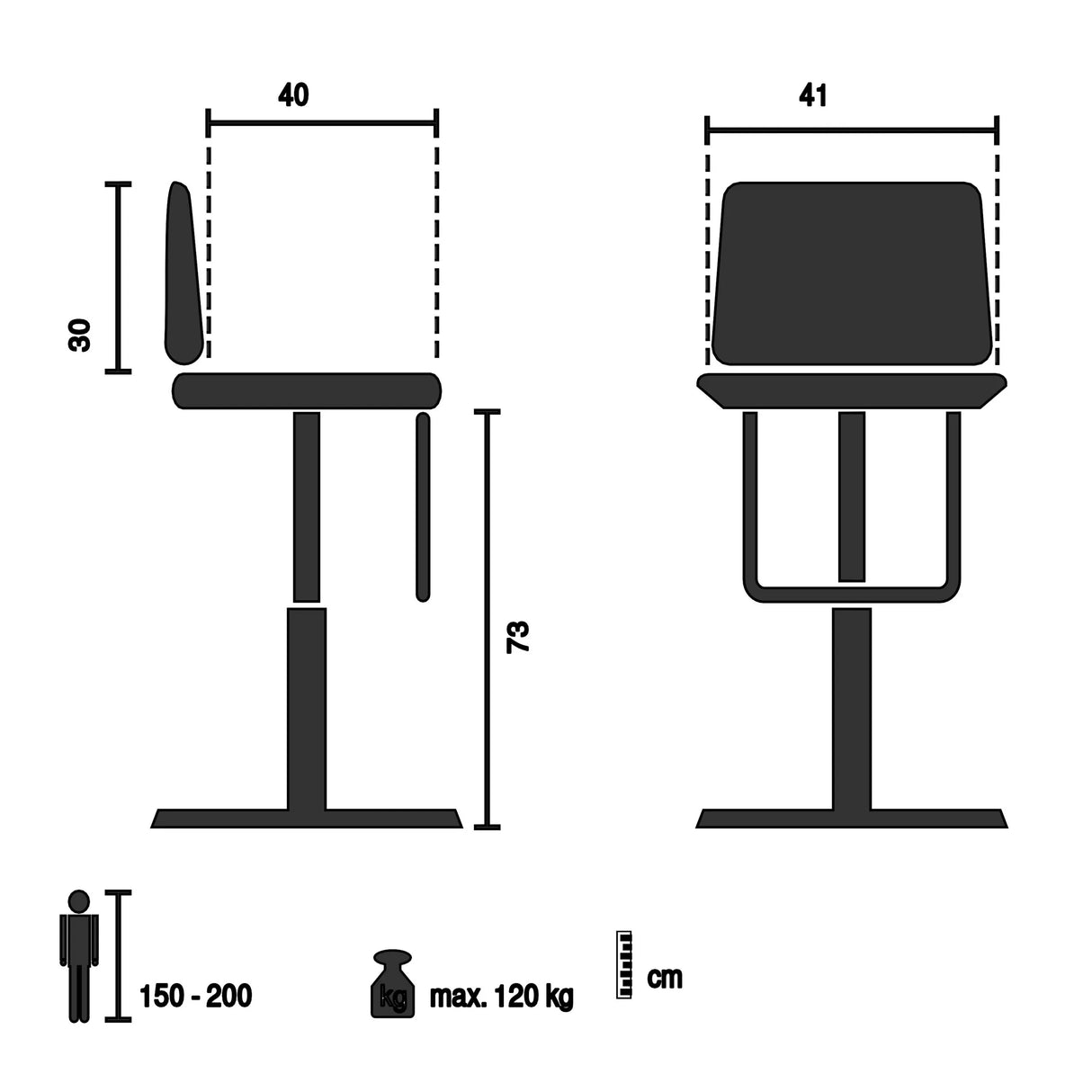 Technische Zeichnung des Barhockers SCANDI HIGH mit einer Höhe von 73 cm von hjh LIVING