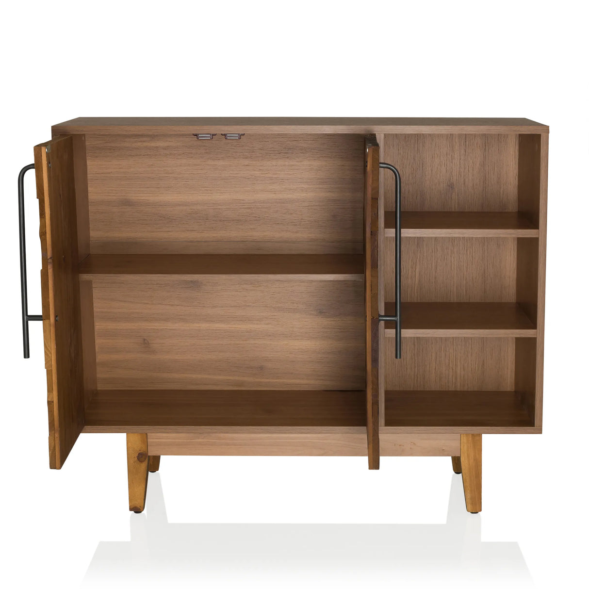 Geöffnetes Fach mit Regalböden der Kommode SANTJAGO WOOD L in Holzoptik dunkel von hjh LIVING