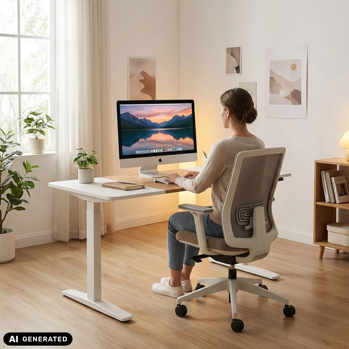 Elektrisch höhenverstellbarer Schreibtisch STAND T3 in Weiß und Eiche von hjh OFFICE (KI-generiertes Bild)