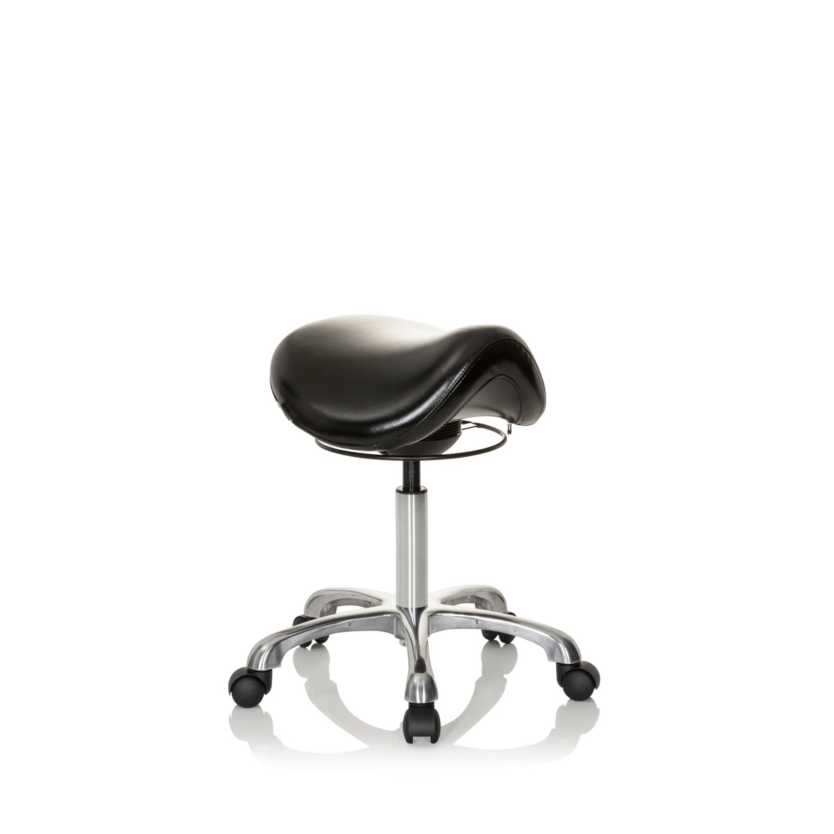 Schwarzer Sattelhocker ORTHO SIT mit Fußkreuz und fünf Rollen von hjh OFFICE – 360-Grad-Ansicht (schräge Frontansicht 40°)