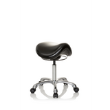 Schwarzer Sattelhocker ORTHO SIT mit Fußkreuz und fünf Rollen von hjh OFFICE – 360-Grad-Ansicht (schräge Frontansicht 40°)