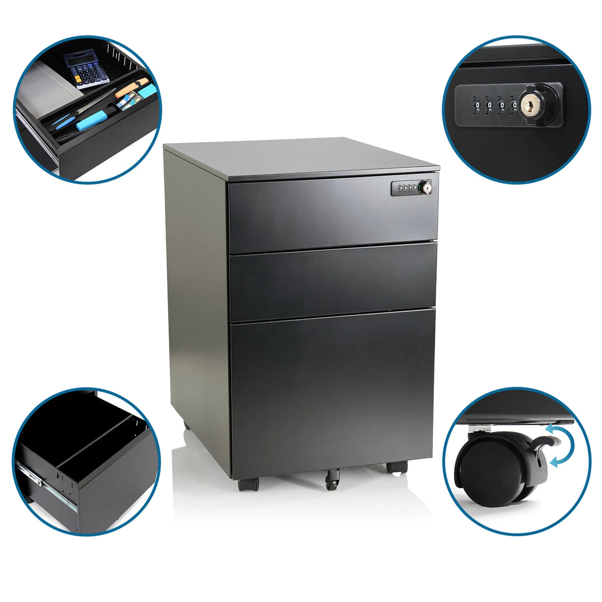 Schwarzer Metall-Rollcontainer COLOR OS I mit Zahlenschloss, Rollen und Organizer-Fach von hjh OFFICE