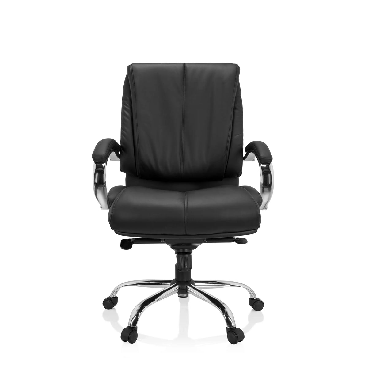Schwarzer Drehstuhl XXL H 100 aus Kunstleder mit Fußkreuz und fünf Rollen von hjh OFFICE – 360-Grad-Ansicht (Frontansicht 0°)