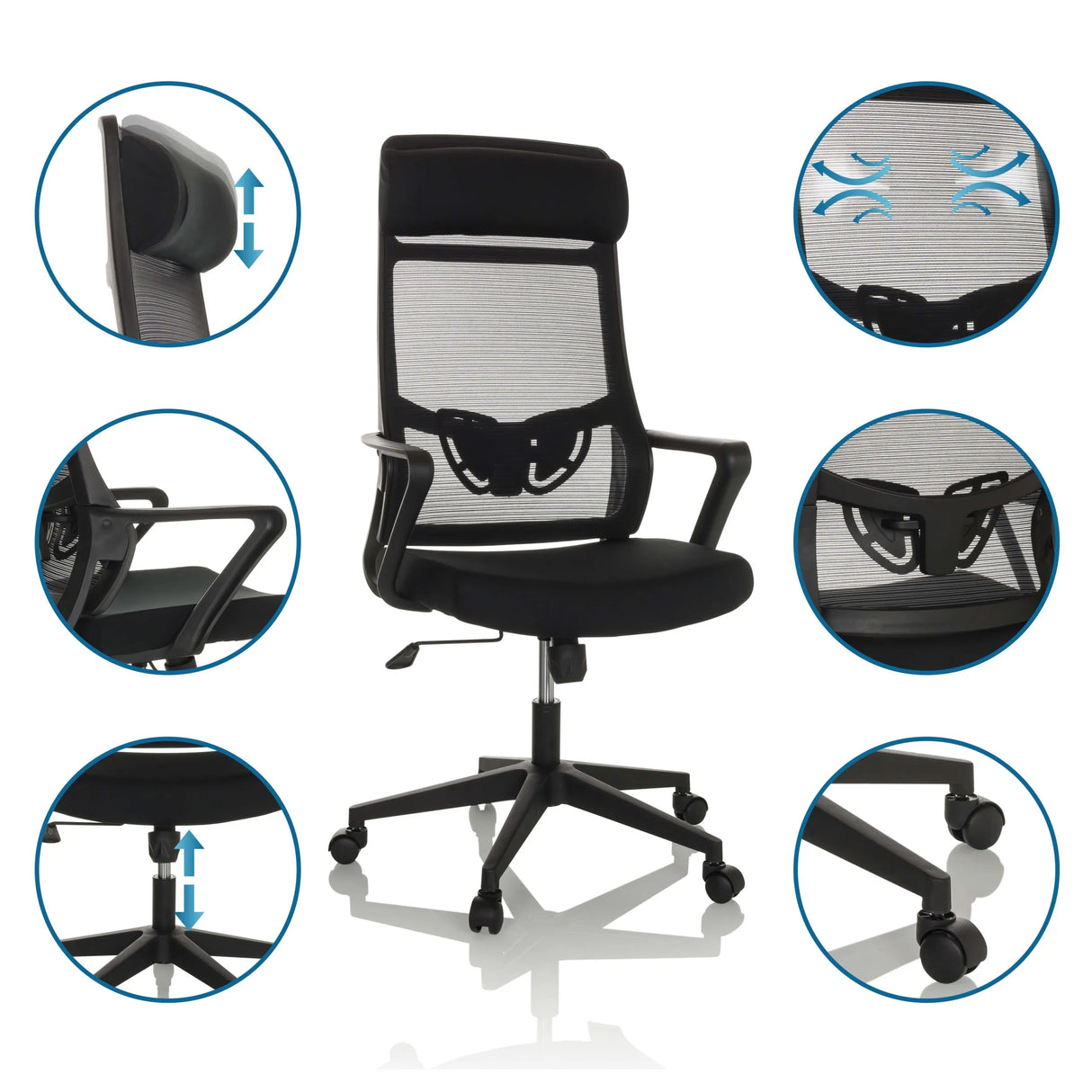 Home-Office-Bürostuhl NEKEO in Schwarz mit verstellbaren Details und Rollen von hjh OFFICE