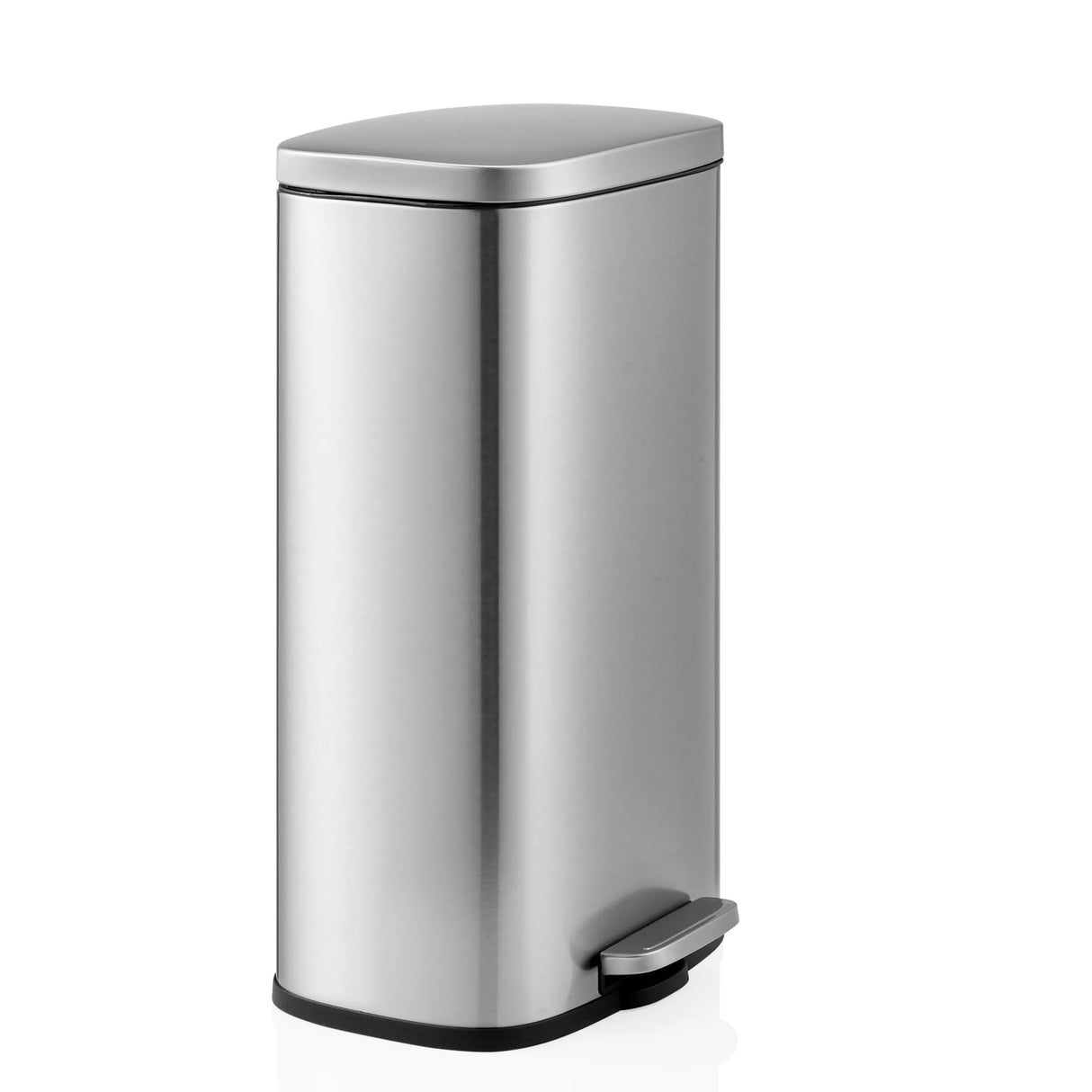 Silberner Mülleimer Clean 15 mit Deckel und Fußpedal von hjh OFFICE – 360-Grad-Ansicht (schräge Frontansicht 60°)