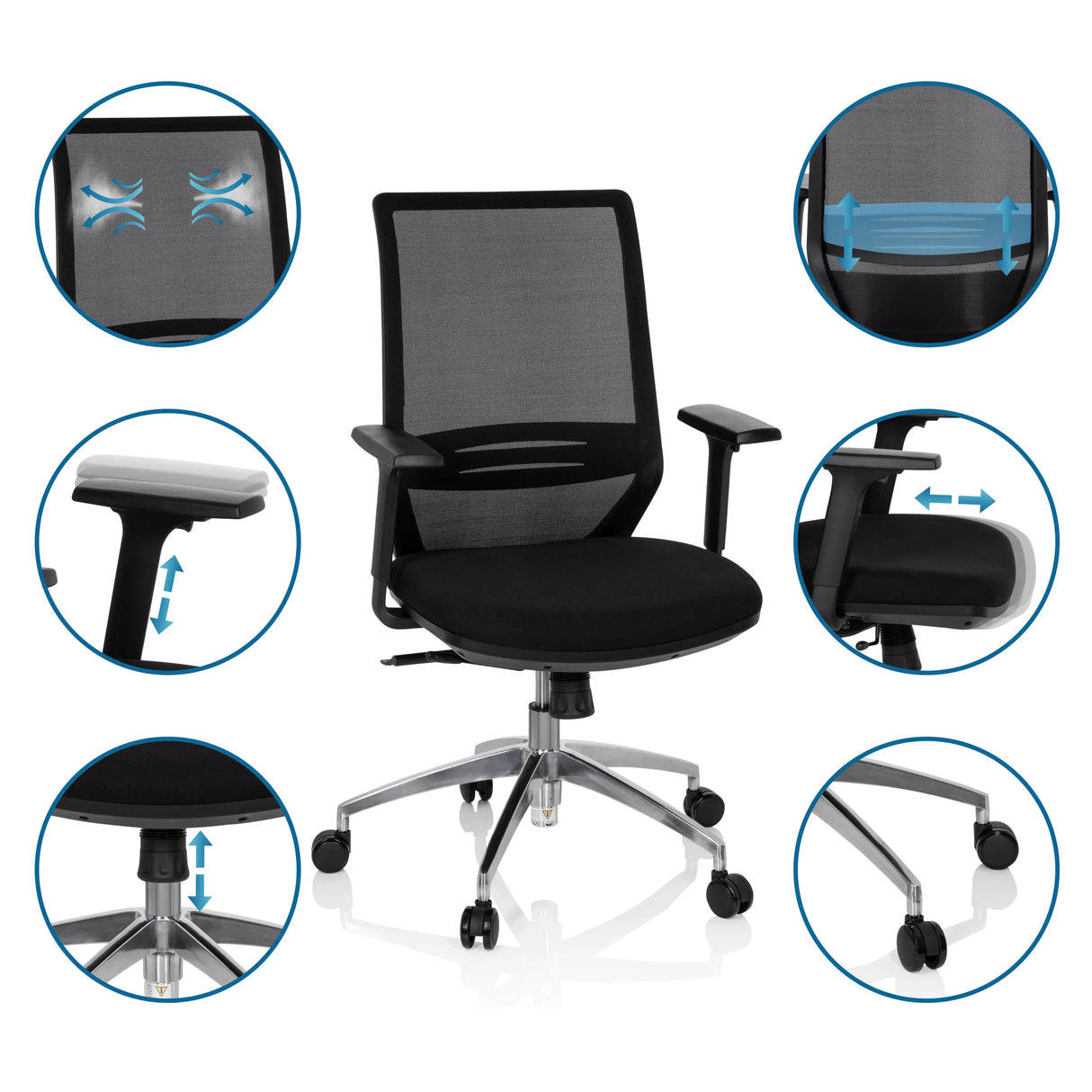 Profi-Bürostuhl PROFONDO in Schwarz mit verstellbaren Armlehnen und Netzrückenlehne von hjh OFFICE