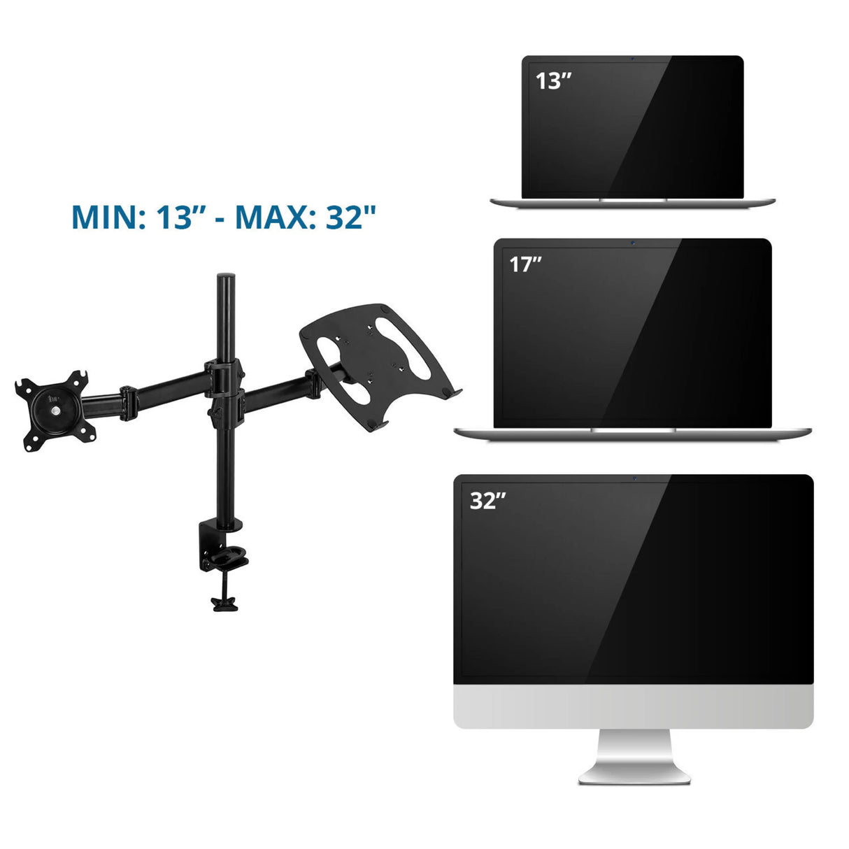 Monitorhalterung VM-MH2 in Schwarz mit Größenangabe für Bildschirme von 13 bis 32 Zoll von hjh OFFICE