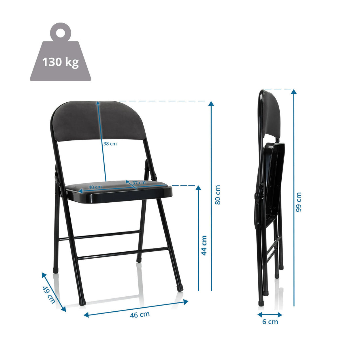 Maßzeichnung des Klappstuhls TUDELA I mit einer Höhe von 80 cm und 130 kg Belastbarkeit von hjh OFFICE