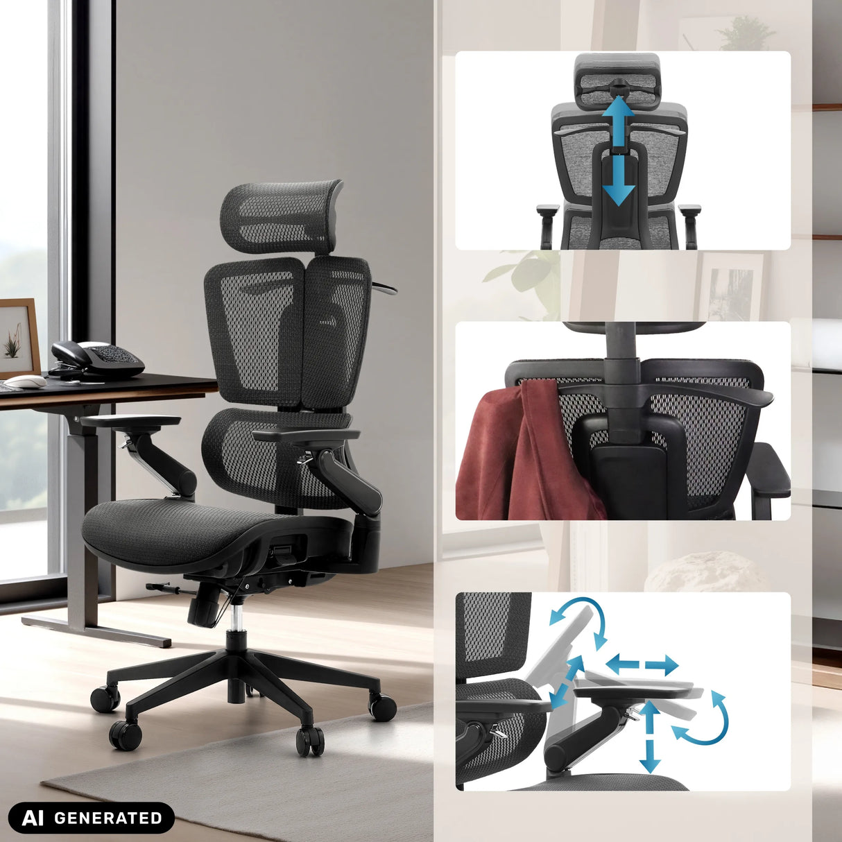 Verstellbare Kopfstütze und Armlehnen des Profi-Bürostuhls Ergo U2 Pro3 in Schwarz von hjh OFFICE (KI-generiertes Bild)