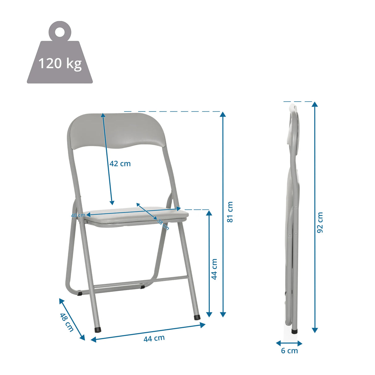 Maßzeichnung des Klappstuhls TUDELA BASIC mit einer Gesamthöhe von 92 cm und 120 kg Belastbarkeit von hjh OFFICE